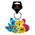 multi-coloured koala-shaped charms; metal keyring attachment; cartoon-style Aboriginal art; packaged on black hang tag with 'AUSTRALIA' text and red map icon;