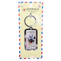 metal rectangular frame around design; koala holding a baby koala on front; text 'AUSTRALIA' on keyring; packaged on cream backing card; red, white and blue striped border on card;