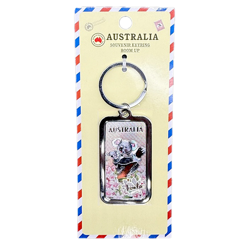 metal rectangular frame around design; koala holding a baby koala on front; text 'AUSTRALIA' on keyring; packaged on cream backing card; red, white and blue striped border on card;