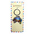 keyring shaped like Australia map; colourful enamel design featuring kangaroo and koala; silver metal ring attachment; packaged on cream card with red, white, blue border;