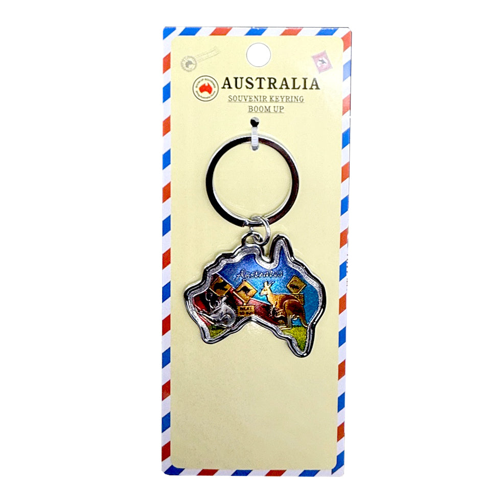 keyring shaped like Australia map; colourful enamel design featuring kangaroo and koala; silver metal ring attachment; packaged on cream card with red, white, blue border;