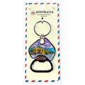 metal keyring with attached bottle opener; colourful enamel map of Melbourne design; packaged on cream card with red and blue border; keyring shows 'I ♥ AUS' detail;