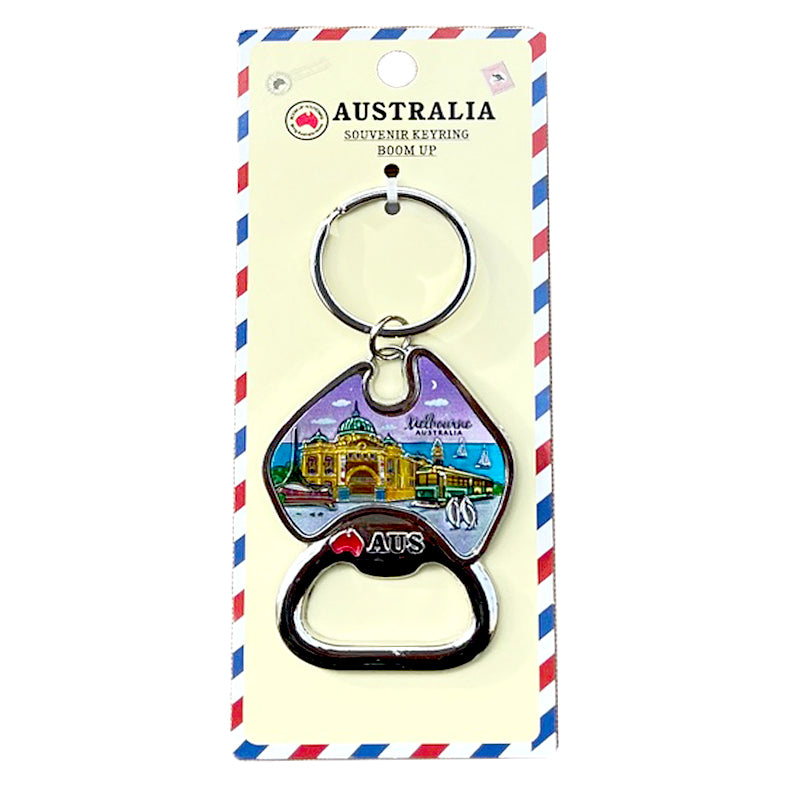 metal keyring with attached bottle opener; colourful enamel map of Melbourne design; packaged on cream card with red and blue border; keyring shows 'I ♥ AUS' detail;