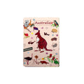 beige background; illustrations of kangaroo, koala, emu, echidna; small Australian flag graphic; cartoon style animal images; text labels like 'Australia', 'Koala', 'Kangaroo';