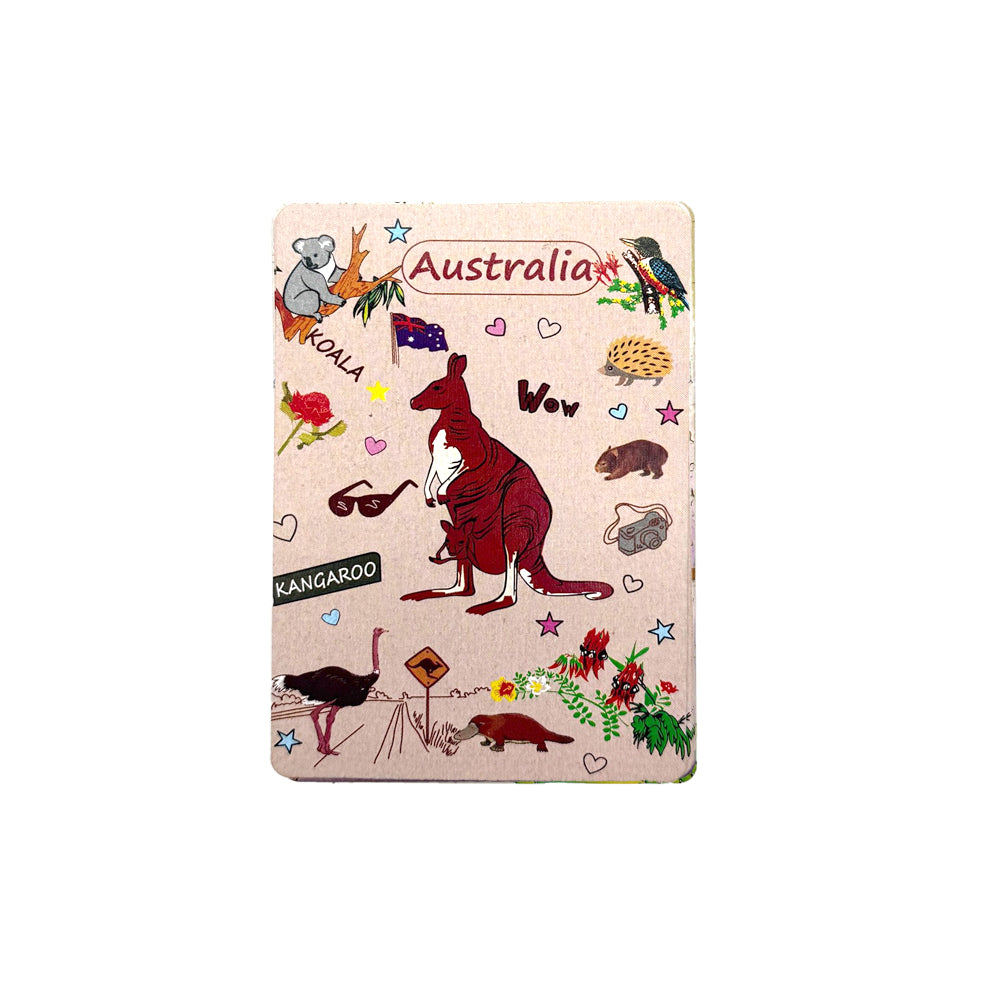 beige background; illustrations of kangaroo, koala, emu, echidna; small Australian flag graphic; cartoon style animal images; text labels like 'Australia', 'Koala', 'Kangaroo';