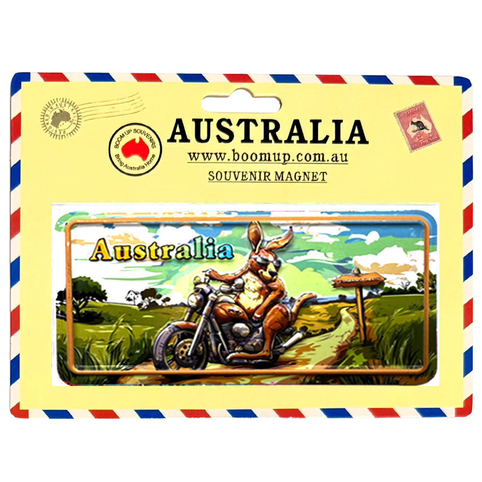 Rectangular number plate shape; Colorful depiction of kangaroo on motorcycle; Yellow background card packaging with Australian branding; Blue, white, and red stripe border on packaging;