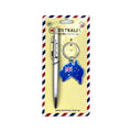 Silver coloured pen; Blue keyring shaped like Australia; Keyring displays Australian flag; Packaged on card with red, white and blue border; Pen printed with word 'Australia';