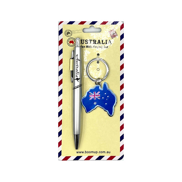 Silver coloured pen; Blue keyring shaped like Australia; Keyring displays Australian flag; Packaged on card with red, white and blue border; Pen printed with word 'Australia';