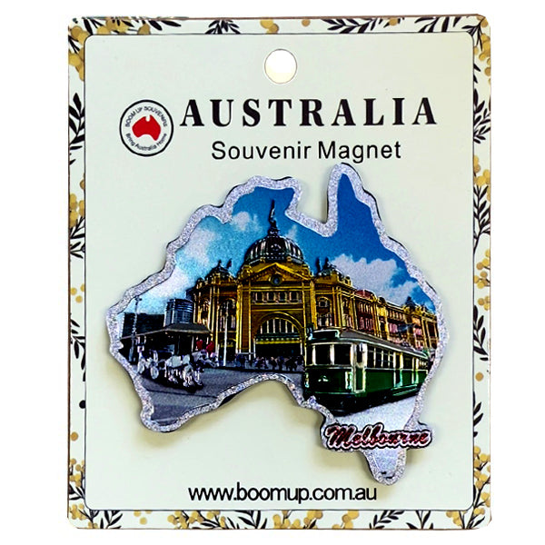 Australia outline shape; Melbourne cityscape image; PVC material; Mounted on branded backing card;