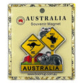 yellow road signs with kangaroo and koala images; grey koalas at base and near top sign; PVC magnet on beige card backing; Australia text on magnet; square signs with black silhouettes;