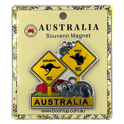 yellow road signs with kangaroo and koala images; grey koalas at base and near top sign; PVC magnet on beige card backing; Australia text on magnet; square signs with black silhouettes;