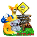 yellow kangaroo carrying grey koala; signpost with Melbourne, Sydney, Perth; green grass base; word 'AUSTRALIA' in red at base;