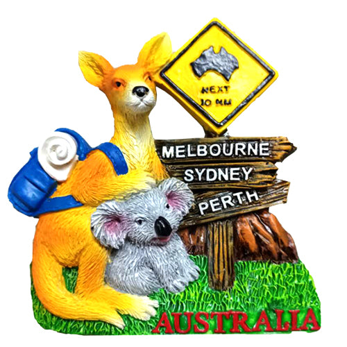 yellow kangaroo carrying grey koala; signpost with Melbourne, Sydney, Perth; green grass base; word 'AUSTRALIA' in red at base;