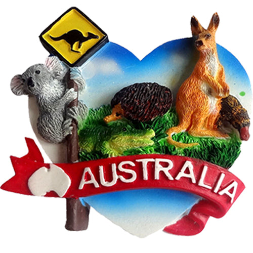 heart shape; colourful resin; kangaroo sign; koala figure; echidna and crocodile figures;