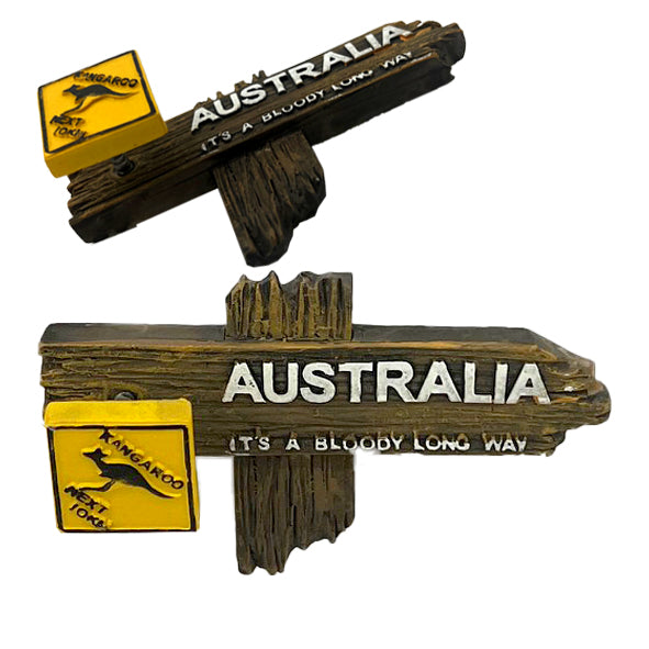 brown wood texture roadsign shape; white AUSTRALIA text with phrase; yellow kangaroo icon on small sign; spring-mounted magnet backs;