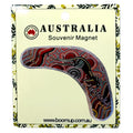 boomerang shape; PVC material; colourful Aboriginal dot art design; packaged on cream card with floral border; Australia souvenir labelled;