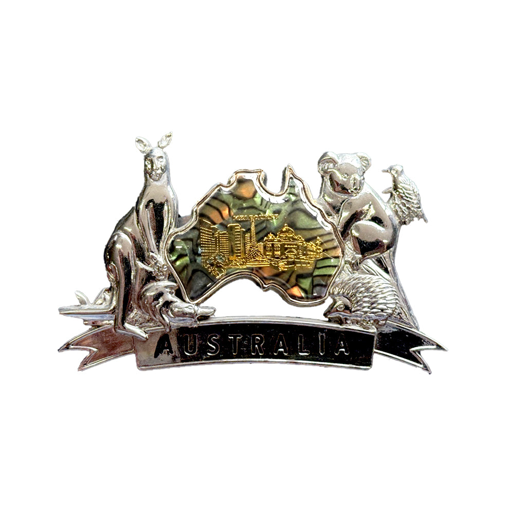 silver-tone metal design; shell finish insert shaped like Australia; gold city and building details on shell; features kangaroo, koala, echidna and kookaburra figures;