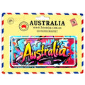 Number plate shaped magnet; Bright multicolour graffiti style print; Yellow backing card with Australia branding; Packaging with air mail style red and blue border; Rectangular magnet size;