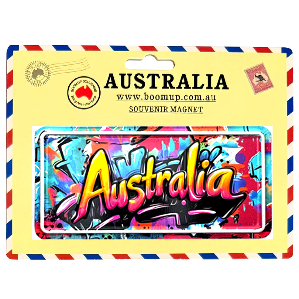 Number plate shaped magnet; Bright multicolour graffiti style print; Yellow backing card with Australia branding; Packaging with air mail style red and blue border; Rectangular magnet size;