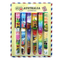 6 pens in pack; colourful Melbourne-themed prints; plastic pens; assorted designs; packaged on yellow backing card with Australia theme;