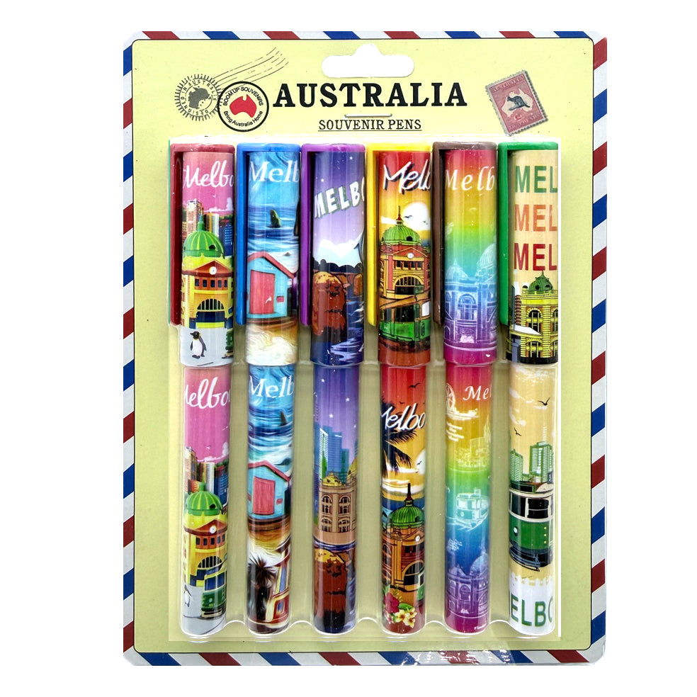 6 pens in pack; colourful Melbourne-themed prints; plastic pens; assorted designs; packaged on yellow backing card with Australia theme;