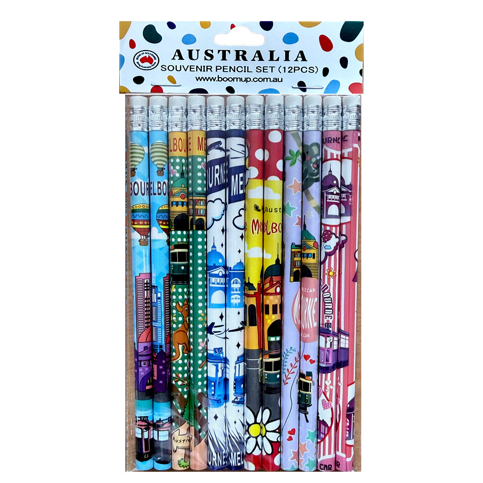 12 pencils in pack; each pencil with unique colourful design; Melbourne and Australian themes; silver ferrules with erasers; packaged in clear plastic with label;