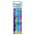 pack of six pencils; each pencil has a different bright colour; pencils feature kangaroo and koala designs; silver ferrules with erasers; packaged in a header card with Australia theme;