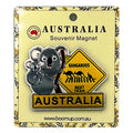 koala with baby design; yellow kangaroo road sign; PVC material appearance; packaged on cream backing card; black and yellow colour scheme;