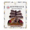 PVC magnet; design includes kangaroo with joey and koala; directional signpost with city names; bright colours with detailed illustration; packaged on white card with floral border;