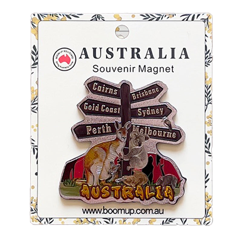 PVC magnet; design includes kangaroo with joey and koala; directional signpost with city names; bright colours with detailed illustration; packaged on white card with floral border;