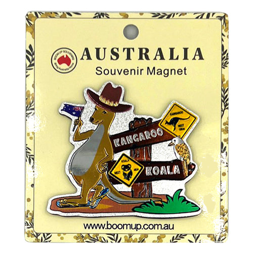 kangaroo wearing a hat holding a toy gun; yellow wildlife road signs with kangaroo and koala; PVC material with colourful printed design; mounted on a branded card with Australia text;