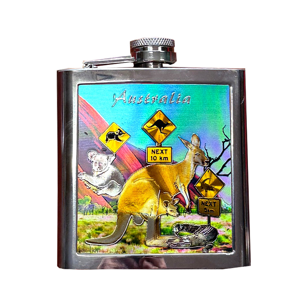 rectangular stainless steel flask; colourful Australian animals design on front; kangaroo, koala, crocodile motifs; attached screw cap;