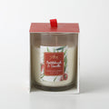 Clear glass jar container; Red top lid with pull tab; Label with bottlebrush floral design; White coloured candle wax; Packaged in box with open front;