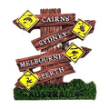 signpost style design with multiple directional signs; brown wood-effect texture on the signs; yellow caution signs with Australian animals; green grass base with 'AUSTRALIA' text;
