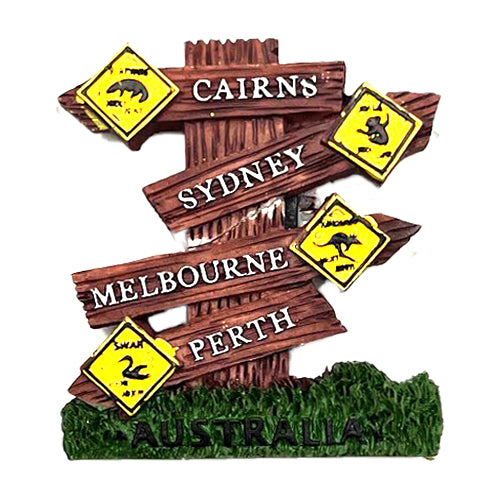 signpost style design with multiple directional signs; brown wood-effect texture on the signs; yellow caution signs with Australian animals; green grass base with 'AUSTRALIA' text;