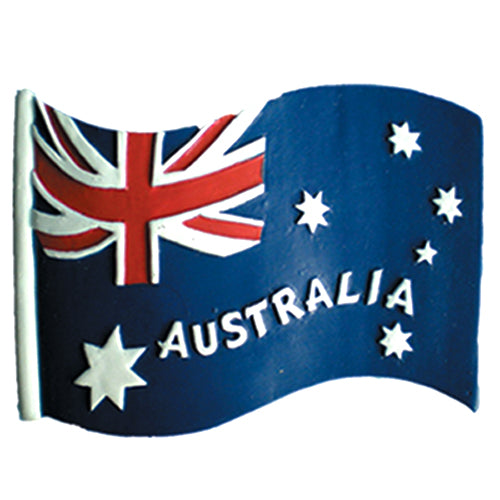 Resin material; Features Australian flag design with blue background; Includes white stars and red crosses; Wavy flag shape;