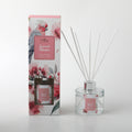 clear round glass bottle with silver collar; white reed diffuser sticks; pink label on bottle and box; packaging with pink floral and Australian bird illustrations;