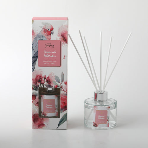 clear round glass bottle with silver collar; white reed diffuser sticks; pink label on bottle and box; packaging with pink floral and Australian bird illustrations;