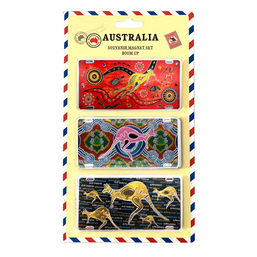 Set of three number plate magnets; Bright red, multicolour, and black backgrounds; Kangaroo designs in Aboriginal art style; Packaged on cardboard with Australia theme;