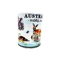white/cream neoprene material; printed with koala, kangaroo and platypus images; text 'AUSTRALIA Wildlife Animals' visible; cylindrical stubby holder shape;