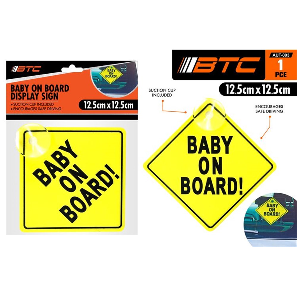 bright yellow square sign with black border; bold black text 'BABY ON BOARD!'; includes suction cup for window attachment; packaged with header card showing product details;