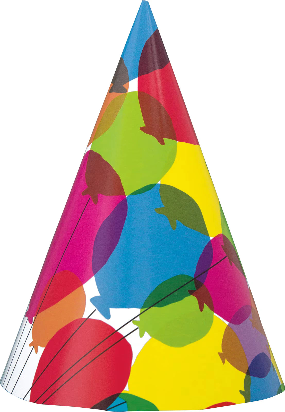 Cone-shaped party hat; Colourful balloon print pattern; Bright rainbow colours; Made of cardboard;