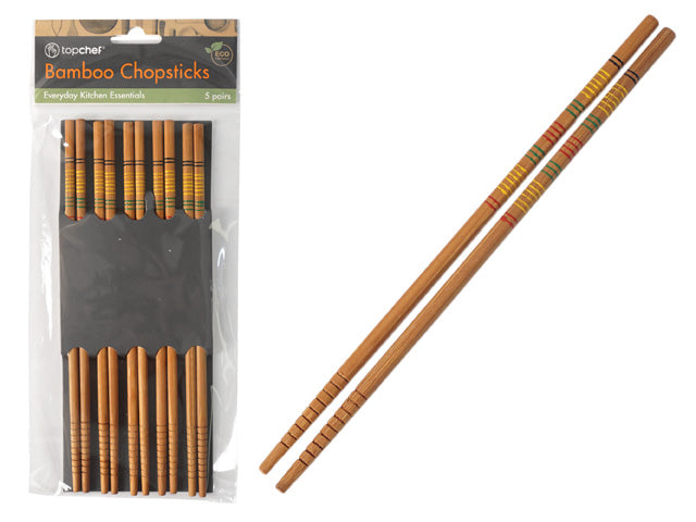 natural bamboo colour; 5 pairs in clear packaging; decorative coloured bands near top; ribbed grip at bottom ends;