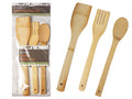 natural bamboo colour and texture; set includes three utensils; one spoon, one slotted fork, one spatula; each utensil has a hole in handle for hanging;