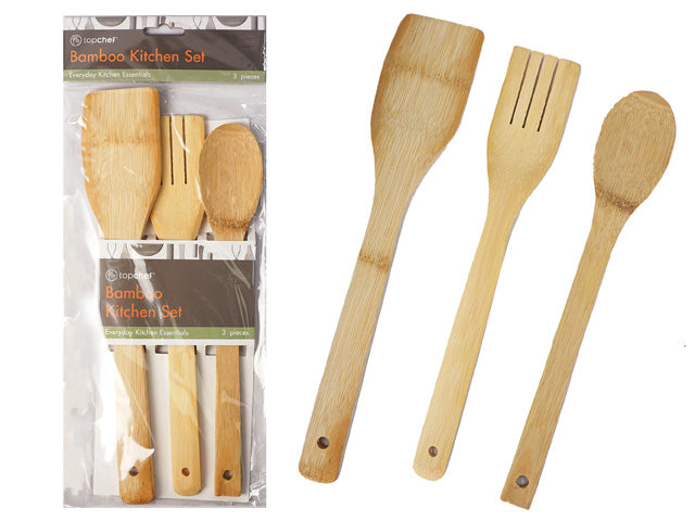natural bamboo colour and texture; set includes three utensils; one spoon, one slotted fork, one spatula; each utensil has a hole in handle for hanging;