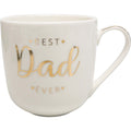 off-white colour; gold lettering; gold rim; handle on the right side; round shape mug;