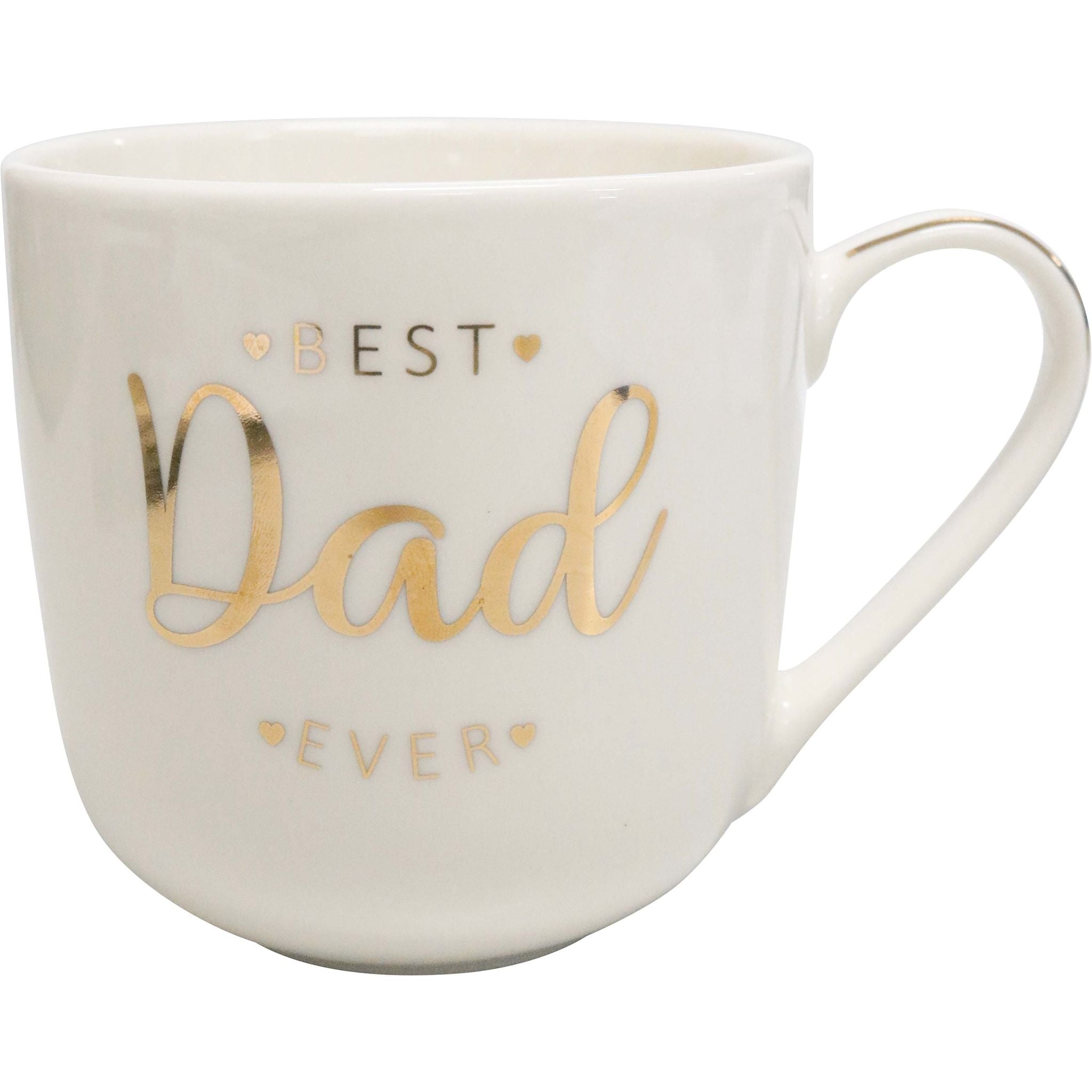 off-white colour; gold lettering; gold rim; handle on the right side; round shape mug;