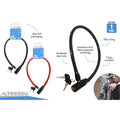 58cm long cable lock; black and red vinyl sleeve outer covering; includes 2 keys attached; packaged on silver foil and blue backing card; lock mechanism integrated at cable end;