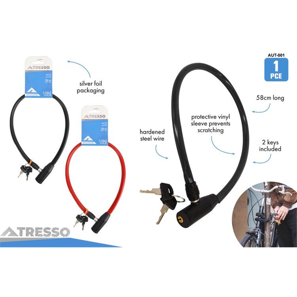 58cm long cable lock; black and red vinyl sleeve outer covering; includes 2 keys attached; packaged on silver foil and blue backing card; lock mechanism integrated at cable end;