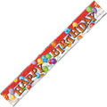 Colourful balloons on banner; Red and white background with balloon pattern; Large text 'HAPPY BIRTHDAY' in orange and black; Rectangular long foil banner shape; Glossy foil material appearance;
